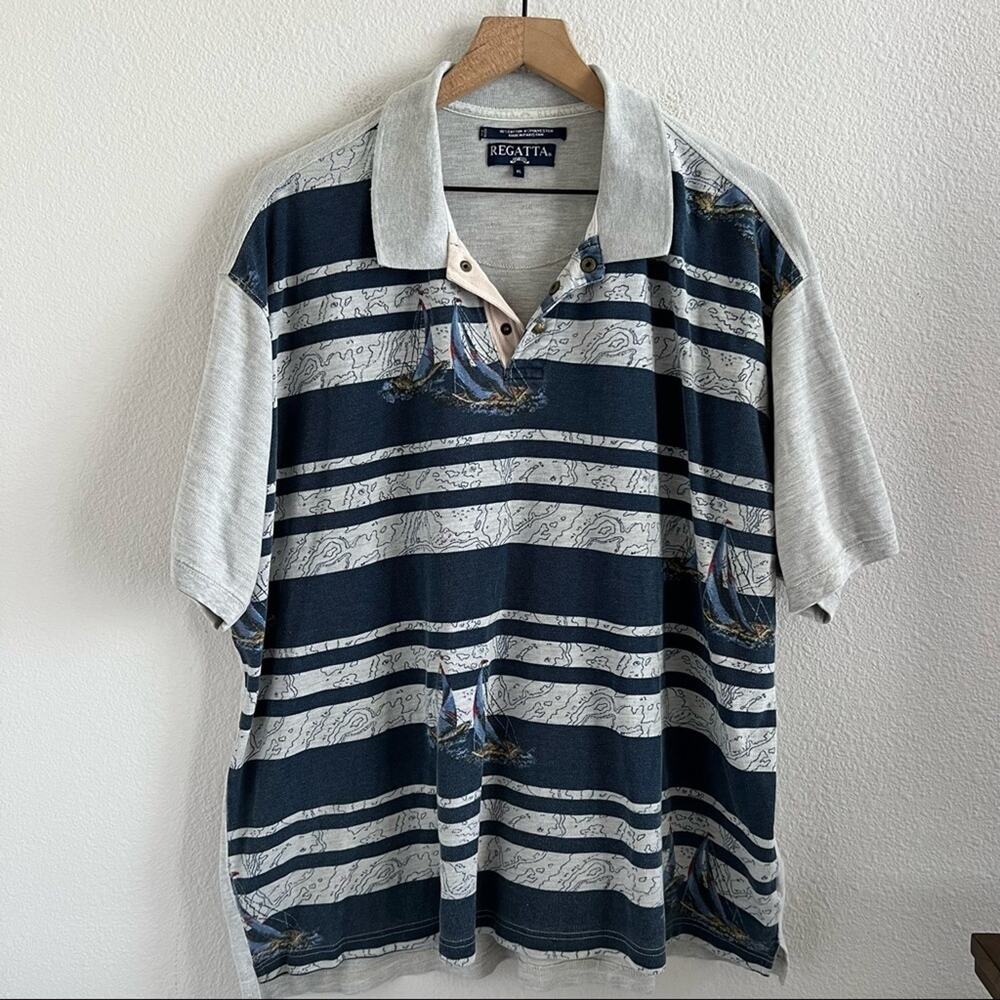 Regatta Men's Knit Sailing Stripe Polo Sail Boat Preppy Snap Button Gray Blue XL